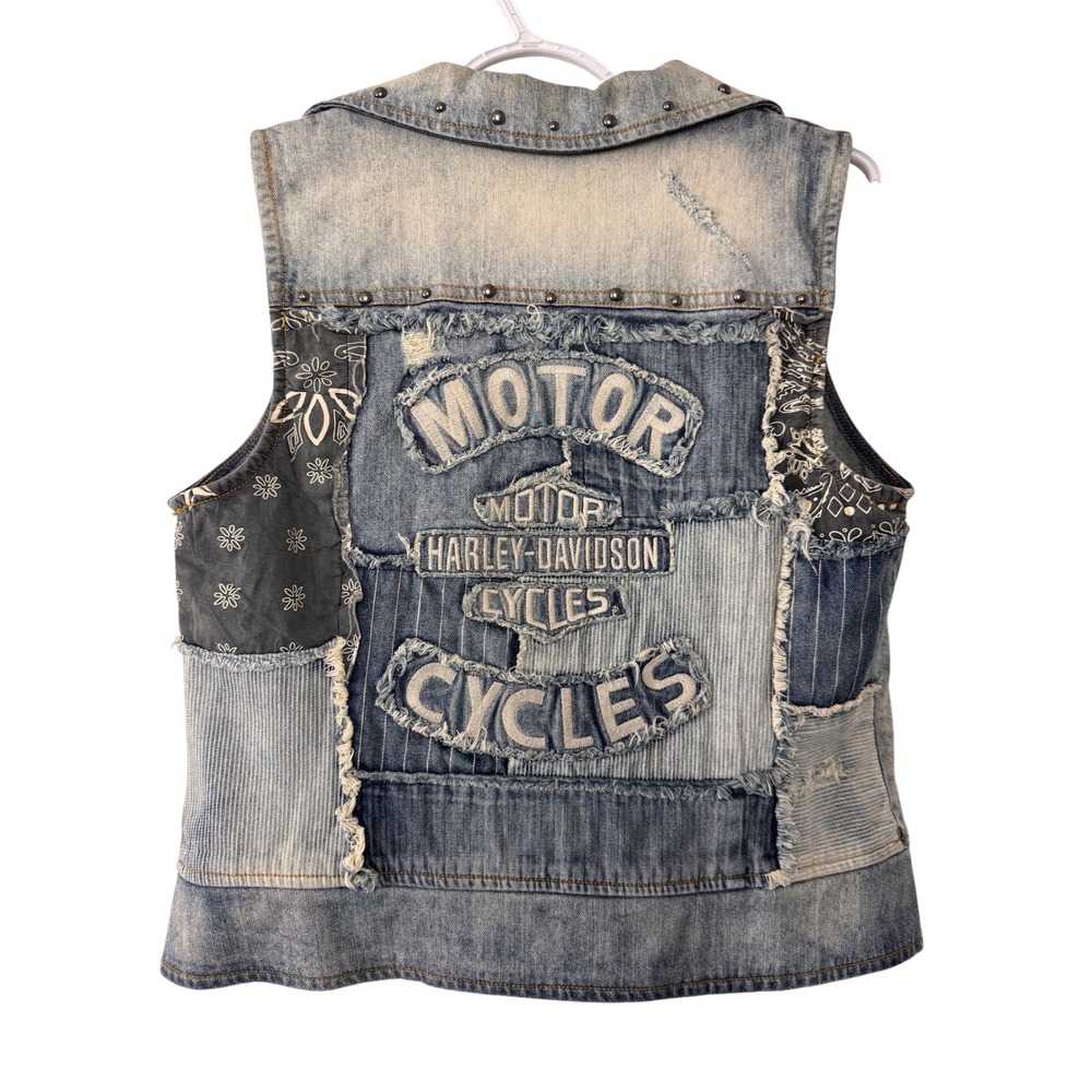 Harley-Davidson Distressed Patchwork Denim Vest Studded Biker Moto Blue Cotton M